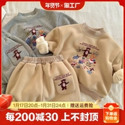 儿童套装2023秋冬款男女童，卡通小熊两件套宝宝，加绒加厚卫衣卫裤潮