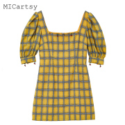 micartsy王紫珊2021春夏黄色，格子钉珠连衣裙，女高腰方领时尚