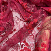 欧美立体网纱底重工刺绣，水溶蕾丝面料，复古红色连衣裙礼新娘服布料
