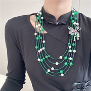 小众设计高级感多层水晶珍珠绿玛瑙长款多层毛衣链胸针可拆卸首饰