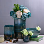 美式复古蓝色玻璃花瓶干花花瓶插花器客厅渐变直筒彩色花瓶花瓶