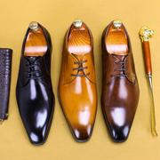 英伦男士正装皮鞋真皮小方头棕色复古德比鞋欧版高端商务休闲男鞋