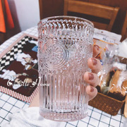 欧式浮雕金边透明玻璃杯，加厚圆形水杯网红餐厅，冷饮杯果汁牛奶杯子