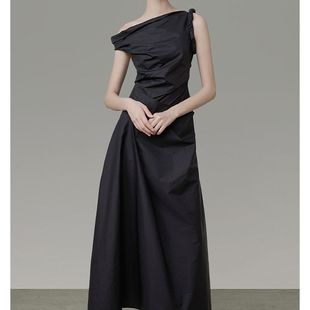 越南设计法式桔梗黑色不规则无袖连衣裙夏季小众气质长裙子1441
