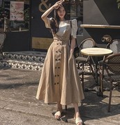 韩国maybins文艺范女神(范女神)气质，背带连衣裙夏拆卸(夏拆卸)高腰半身长裙子