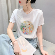 白色刺绣T恤女短袖夏装新中式国风盘扣上衣洋气修身半袖体恤小衫