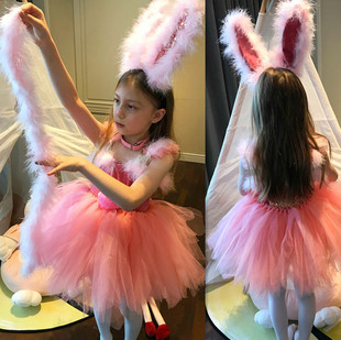 儿童兔子演出服万圣节服装女童可爱粉红色蓬蓬裙高端芭蕾公主宝宝