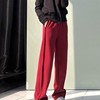 今年流行的红色拖地裤2023年秋季宽松百搭阔腿裤，高腰直筒裤子长裤