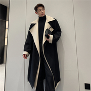 冬季韩国撞色大翻领，毛呢大衣男中长款设计感韩版加棉加厚呢子外套