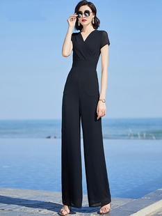 黑色连体裤2023年女夏气质，高腰显瘦阔腿裤垂感连体衣套装女
