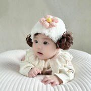 婴儿假发帽子秋冬0一6一12个月女宝宝1一2周岁，生日帽发带公主风