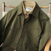 春秋工程师衬衣外套阿美，咔叽美式复古军绿色硬汉，男士长袖工装衬衫