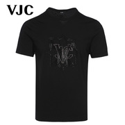 VJC/威杰思2023春夏男装男士黑色T恤刺绣烫钻修身短袖上衣