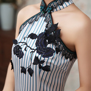 品尚华服真丝法式刺绣时尚改良复古性感夏季中国风条纹短款旗袍裙