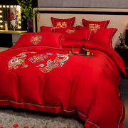新中式高档四件套水洗涤棉床单式被套婚房陪嫁大红红色喜庆磨毛