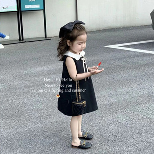 经典小黑裙女童连衣裙夏季韩版洋气无袖娃娃，领背心裙公主裙潮