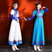 内蒙古服饰女士长袍连衣裙白蓝色(白蓝色)泡泡长袖民族风舞蹈演出服