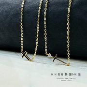 韩国纯14k黄金项链女黑色十字架，简约迷你吊坠，光面锆石锆石锁骨链