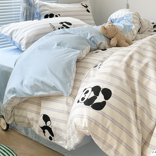 ins条纹熊猫纯棉四件套北欧全棉被套简约学生床上三件套1.5m床单