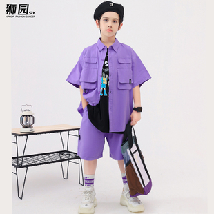 街舞儿童潮服嘻哈hiphop工装上衣夏季套装男女童少儿街舞演出服装