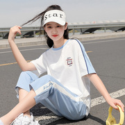 初中生运动套装七分裤T恤短袖班服2023夏季两件套少女高中生韩版