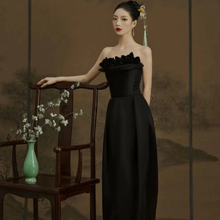 奥美影楼主题抹胸黑色婚纱复古中国油画风园林情侣摄影拍照礼服装