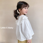 韩国儿童2023秋季纯棉洋气蕾丝大翻领衬衣女宝宝长袖衬衫