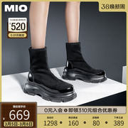 MIO米奥2023年冬季圆头高跟中筒靴显高厚底弹力靴酷飒袜靴女靴