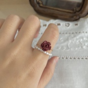 南西Handmade原创设计14K包金保色天然珍珠朱砂玫瑰花戒指两件套