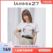 IAmMIX27白色短袖T恤女夏韩版印花拼接休闲宽松百搭圆领上衣