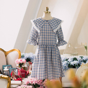 春夏季法式格纹连衣裙，韩国复古学院格子中袖裙子娃娃领蕾丝棉