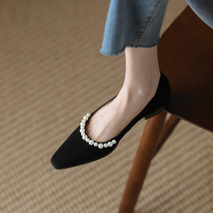 法式磨砂羊皮黑色浅口单鞋女珍珠方头低跟平底奶奶鞋2022春季