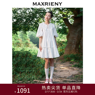 maxrieny半袖娃娃裙夏泡泡，袖连衣裙白色蕾丝短裙
