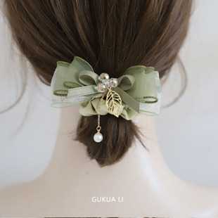 gukuali原创抹茶绿系蝴蝶结，水晶发圈森系少女，后脑勺头绳发饰头饰
