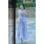 2023法式小众设计长裙高级感气质温柔风显瘦蓝色连衣裙夏季女
