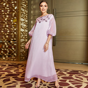 长袖优雅气质长裙，圆领纯色浅紫色亮丝手工缝钻泡泡袖连衣裙