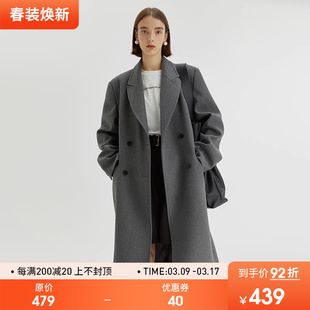 范洛2023冬季格雷系毛呢大衣，极简翻驳领高级感长款西装呢子外套女