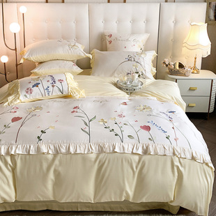 高端双面天丝四件套田园风花卉，刺绣被套床单夏季凉感裸睡床上用品