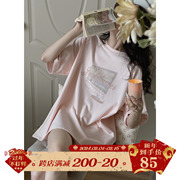 jmwomen粉色印花短袖t恤女夏季美式复古半袖体恤小个子宽松上衣