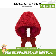 2024韩版可爱羊羔绒绑带红色包头帽(包头帽)子女，秋冬季保暖百搭护耳帽