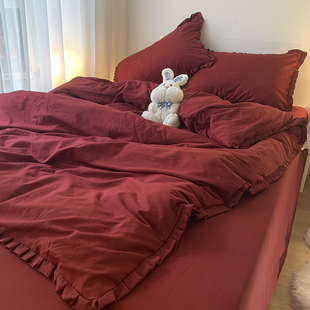 中式风复古红床单床裙床上花边四件套纯色简约学生宿舍被套三件套