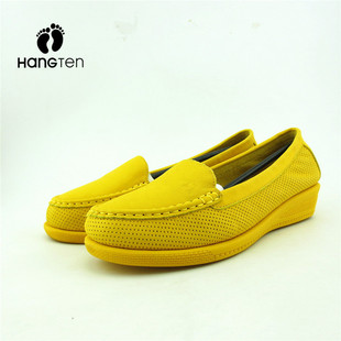 品牌黄色春秋时尚浅口坡跟，牛皮舒适坡跟，甜美真皮女单鞋