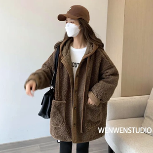 欧货羊羔毛连帽外套女冬中长款假两件宽松夹克棉服加厚夹棉大衣潮