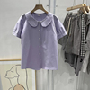 豆豆家夏季女士衬衫衬衣娃娃领短袖上衣淡紫色棉有大码原创设计