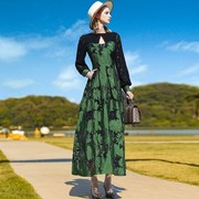 帝弗润驰2023秋装复古绿色提花拼接连衣裙气质高级感女神长裙