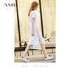 amii简约休闲减龄针织，直筒t恤连衣裙，女夏宽松显瘦中长款白色裙子