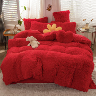 冬季大红色水貂绒床上四件套婚庆加厚保暖珊瑚绒结婚床单被套加绒