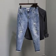 男士九分牛仔裤2022年春秋季韩版潮流，修身小脚百搭设计感裤子