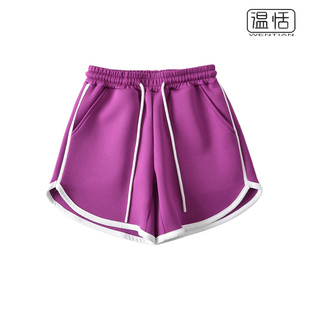 辣妹风紫色运动短裤高腰系带空气层休闲百搭宽松阔腿裤潮