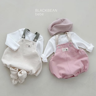 韩国进口婴儿可爱洋气连体衣宝宝春秋韩系背带裤长袖T恤套装